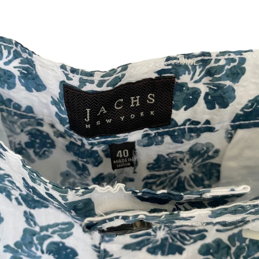 JACHS NY Mens 40 White Blue Hibiscus Floral Seersucker Cotton Shorts Flat Front